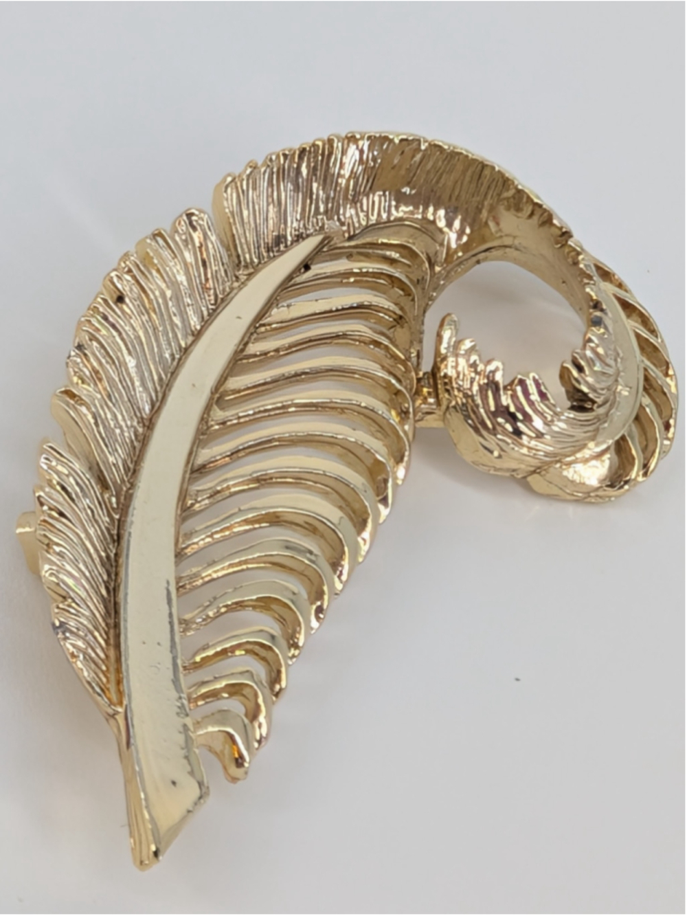 Vintage Gerry's GoldTone Curled Feather Brooch Openwork Leaf Pin Signed Brooched